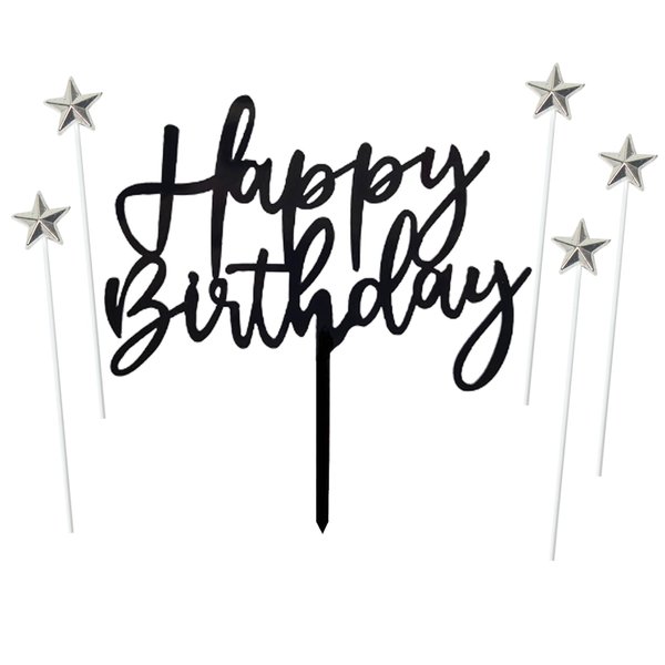 ZHENGYE Set of 1 Black Acrylic Happy birthday Cake Topper And 5 pcs silvery Star Cupcake Topper Cake Decoration Supplies for Baby Shower Birthday Decorations(Black 2)