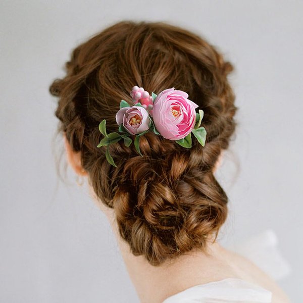 Fangsen Wedding Pink Buds Rose Flowers Floral Comb With Hair Clip Hair Accessories Floral Hair Headpiece