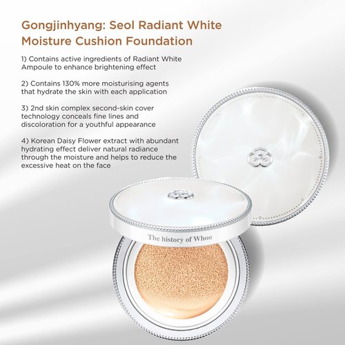 The History of Whoo Gongjinhyang: Seol Radiant White Moisture Cushion Foundation No 21 (13g x 2 Refill) Special Set 4 Items