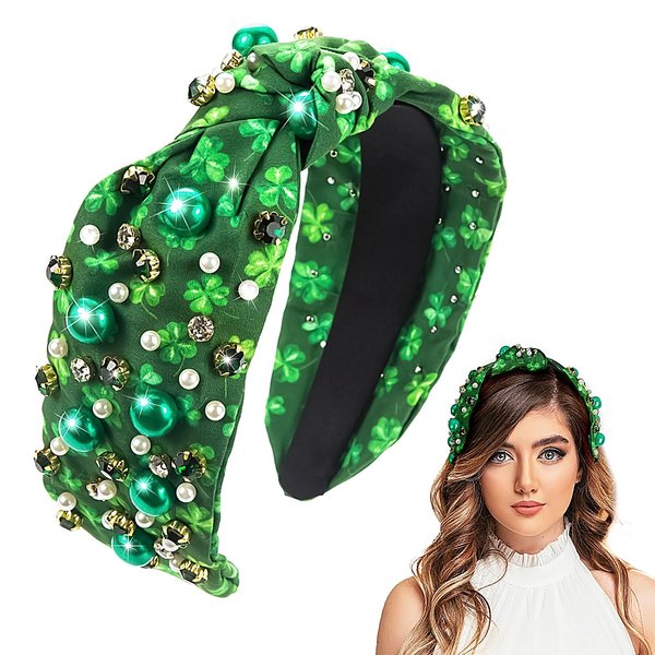 St. Patrick's Day Green Lucky Shamrock Headband, Knotted Headbands for Women Girls Pearls Crystal Jewelry Hair Band St. Patrick's Day Hair Accessories for Irish Parade Party Supplies Decorations, 1PCS