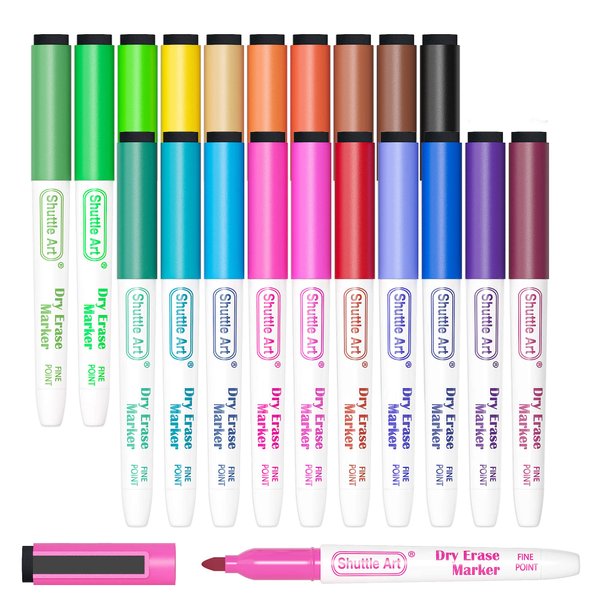 Shuttle Art Magnetic Whiteboard Markers, 20 Pieces Whiteboard Markers, Fine Tip and Eraser, Dry Erase Whiteboard Markers, for Writing on Whiteboards, Weekly Planner, Glass for
