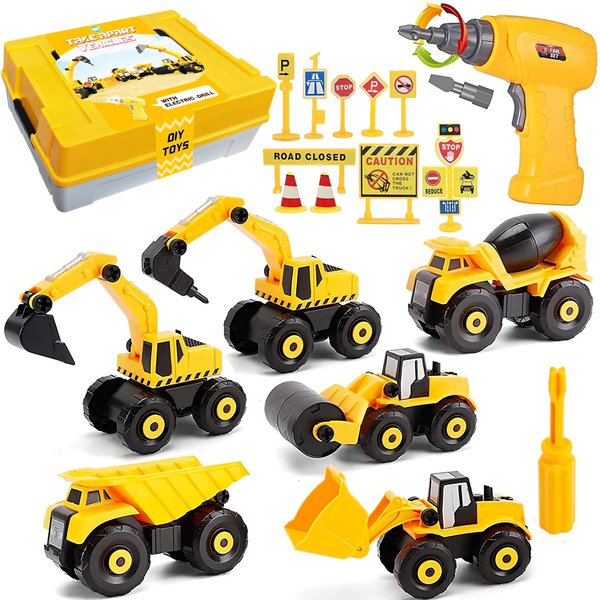 TEUVO Construction Take Apart Toys with Electric Drill, Building Excavator Toy STEM Trucks Vehicle Construction Vehicles for Kids, Educational Learning Gifts for Ages 3+ Boys & Girls