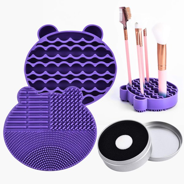 Silicon Makeup Brush Cleaning Mat with Brush Drying Holder Brush Cleaner Mat Portable Bear Shaped Cosmetic Brush Cleaner Pad+Makeup Brush Dry Cleaned Quick Color Removal Sponge Scrubber Tool (Purple)