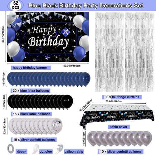 Blue and Black Birthday Decorations for Men Women, 62PCS Happy Birthday Decorations for Boys Girls, Black Blue Silver Birthday Party Supplies Birthday Banner Balloons Arch Kit Tablecloth Foil Curtains