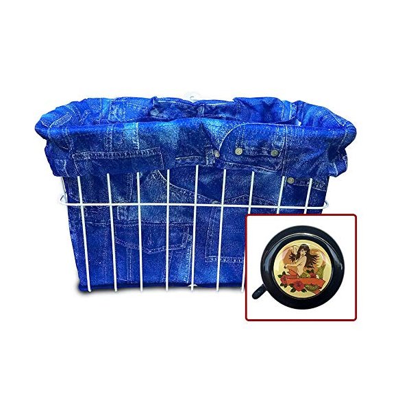 Cruiser Candy Bicycle Basket Liner Basket Cover & Tote in One, Stylish Bike Basket Liner, Yoga Bag,Gym Bag,Beach Bag. Matching Bicycle Bell INCLUDED, Bike Bell (Denim Mermaid)