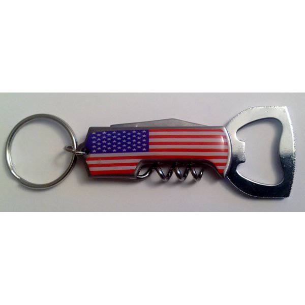 USA Flag 3 in 1 Metal Knife Corkscrew & Bottle Opener Key Ring