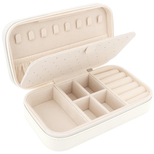 DesignSter Travel Jewelry Box, PU Leather Portable Jewelry Case, Small Jewelry Boxes for Gifts, Travel Jewelry Organizer for Women Rings Earrings Necklaces Bracelets (Beige)