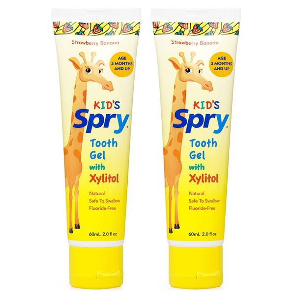 Spry Xylitol Baby Toothpaste, Natural Toddler Toothpaste, Fluoride Free Toothpaste for Kids, Xylitol Toothpaste for Kids Age 3 Months and Up, Tooth Gel Strawberry Banana 2 Fl Oz (Pack of 2)