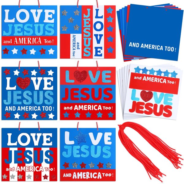 Humyoun 24 Set Veterans Day Craft Patriotic Religious Craft Kit Love Jesus and America Too Sign Craft for Kid DIY Bible Patriotic Art Craft Red White Blue Ornament Sign for VBS Sunday School Classroom
