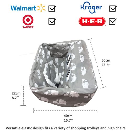 Pozico Portable Shopping Cart Cover for Baby & High Chair Cover, Machine Washable Replaceable Cart Cover for Babies, Infant, Toddler, Boy or Girl(White Elephant, Grey)