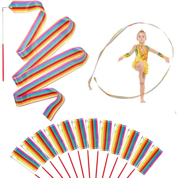 HiUnicorn 24PCS Rainbow Party Favors - Dance Ribbons for Kids Circus Carnival Rhythmic Gymnastics Birthday Party Decoration Supplies, Ribbon Baton Twirling Sticks Silks Streamers Wands for Girls
