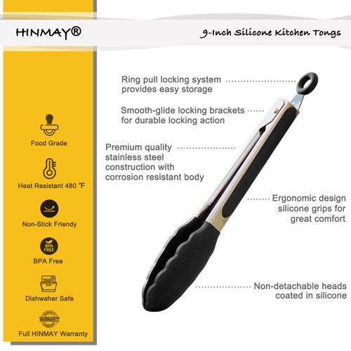 HINMAY 9-Inch Stainless Steel Cooking Tongs with Silicone Tips, Set of 3 (Black)