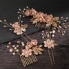 BOWINR 4 Pcs Wedding Hair Comb Pearl Crystal Bride Rose Gold Hair Accessories Hair Side Comb Clips Flower Rhinestone Head Pieces for Bridesmaid Women and Girls