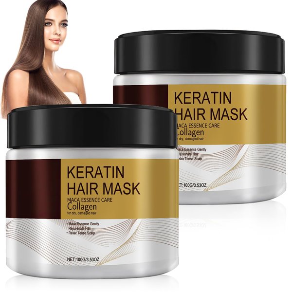 Collagen Hair Mask for Damaged Hair, Argan Oil Collagen Hair Mask, Collagen Hair Treatment Deep Repair, Keratin Protein & Coconut Oil, for All Hair Types (100ml, 2 Pcs)