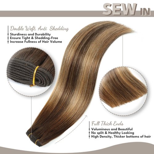 Jerriess Sew in Hair Extensions Real Human hair, Double Drawn Weft Hair Extensions human hair, Silky Soft &Shiny Human hair extensions sew in, 100g Balayage Chocolate Brown to Caramel Blonde, 20 inch