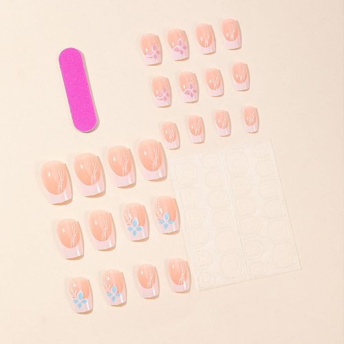 French Tip Press on Nails Medium Square Fake Nails Pink Glossy Acrylic Nails White Nail Tips Short False Nails with Summer Cute Flowers Designs Artificial Glue on Nails for Women Girls 24 Pcs