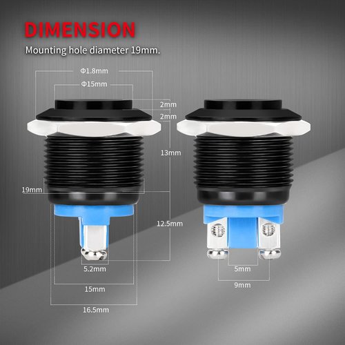 DaierTek 12V Momentary Horn Push Button Switch Black Metal Waterproof 19mm Round Starter Power Switch for RV Truck Boat Marine - 2pcs