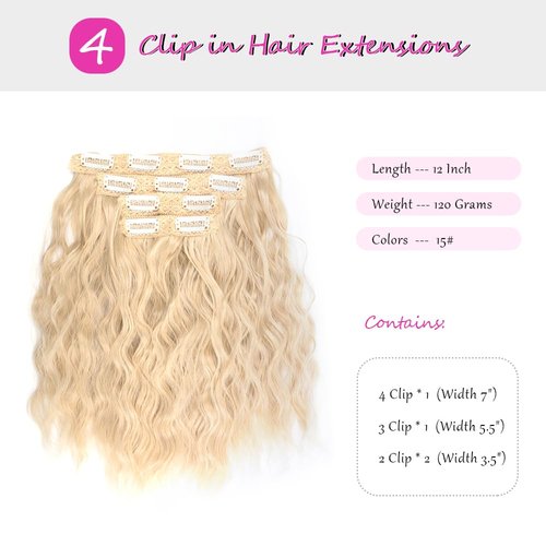 KGBFASS Clip In Hair Extensions 4piece Synthetic Short Wavy Hair Extensions 12inch Ash Blonde Soft Hairpieces For Women And Girls Hair Extensions- 120g, 15#
