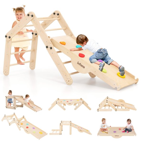 INFANS 12 in 1 Climbing Toys for Toddlers, Upgrade Wooden Montessori Foldable Triangle Climber Set with Reversible Ramp Slide Ladder Seesaw, Indoor Pikler Climb Activity Jungle for Kids Age 3+
