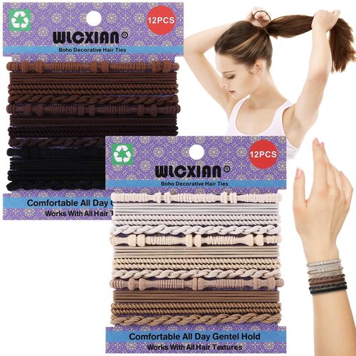 24 PCS Boho Hair Ties for Women, 6 Gothic Colors Decorative Hair Tie Bracelet for Thick or Thin Hair, 4 Styles 2.36'' Cute Hair Bands for Ponytail Holders, No Damage Elastic Hair Ties for Girls