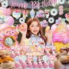 JUYRLE Sweets Birthday Party Decorations for Girls- Pastel Ice Cream Party Supplies, Donut Balloons Happy Birthday Banner Cupcake Topper Candy Theme Birthday for Baby Shower Wedding