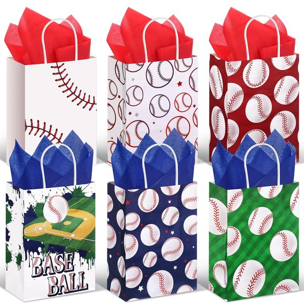 Aoriher 24 Pcs Baseball Party Favors Gift Bags with Tissue Paper, Sport Goodie Treats Bags Baseball Theme Candy Paper Bags for Birthday Party Supplies Kids Boys Girls