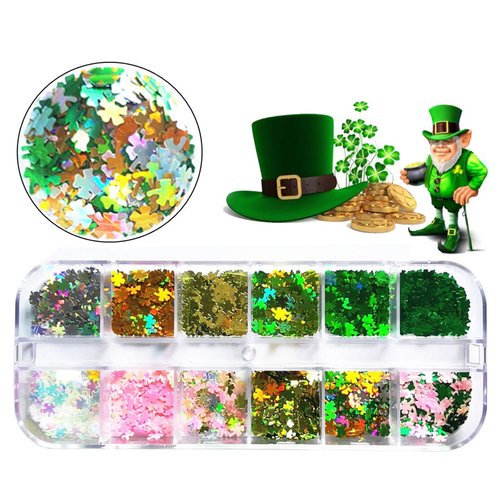 St. Patrick's Day Nail Art Glitters Green Clover Flakes Nail Sequins 3D Shamrocks Nail Art Glitter Design Holographic Leaf Sequin Nails Supplies Shine Lucky Nail Art Stickers Decorations DIY Crafts
