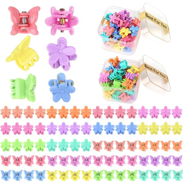 YISSION 80Pcs Mini Hair Clips for Girls Women Small Flower Hair Clips Tiny Butterfly Hair Clips 90s Hair Accessories for Girls Women with Box Package Random Bright Colors