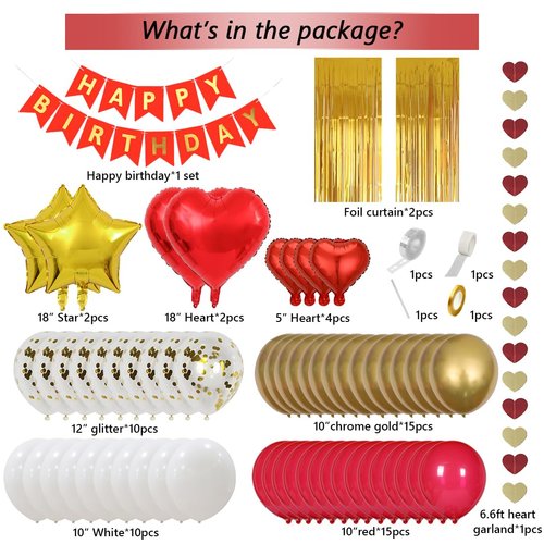 MSMANCY Red and Gold Birthday Decorations for Women with HAPPY BIRTHDAY Banner Curtains Heart Star Balloons for 16th 18th 21st 30th 40th 50th 60th Birthday Party Supplies (Red-gold)