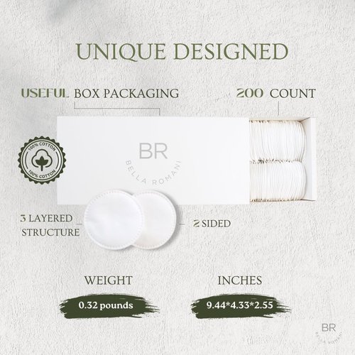 Bella Romani Cotton Rounds Makeup Remover Pads - Pack of 200 - Organic Pads, Lint Free, Eco-Friendly, Compostable, Unique Triple Layers & Ultra Soft - Nail Polish Remover, or Baby Care Pad
