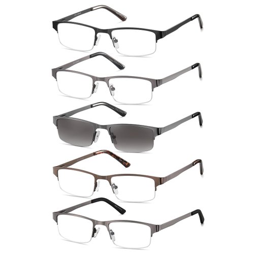 EYECEDAR 5-Pack Reading Glasses for Men Rectangular Metal Half-Frame Spring Hinges with Sun Readers Glasses Mens Readers 1.50