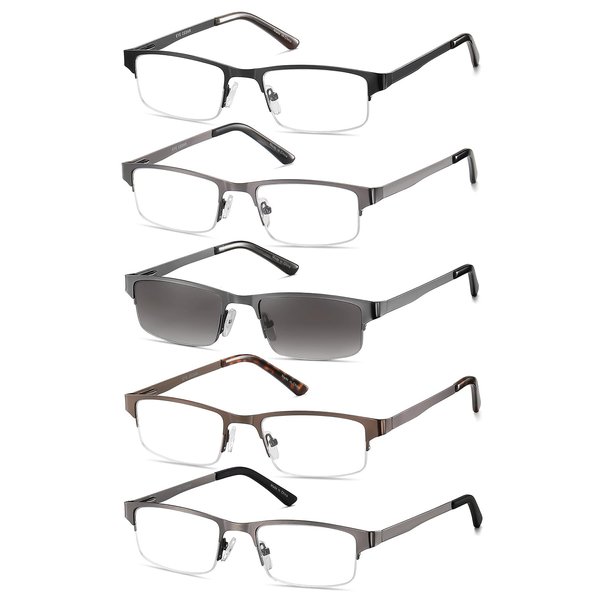 EYECEDAR 5-Pack Reading Glasses for Men Rectangular Metal Half-Frame Spring Hinges with Sun Readers Glasses Mens Readers 1.50