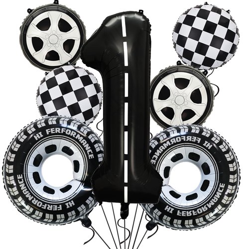 YWQIPABA Race Car 1st Birthday Party Balloons, 40 Inch Mylar Foil Racetrack Number 1 Balloon Black for Boys fast one Birthday Decorations,Race Car Theme Party Decorations Supplies 7 Pcs