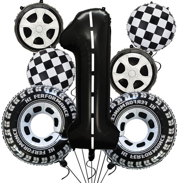 YWQIPABA Race Car 1st Birthday Party Balloons, 40 Inch Mylar Foil Racetrack Number 1 Balloon Black for Boys fast one Birthday Decorations,Race Car Theme Party Decorations Supplies 7 Pcs