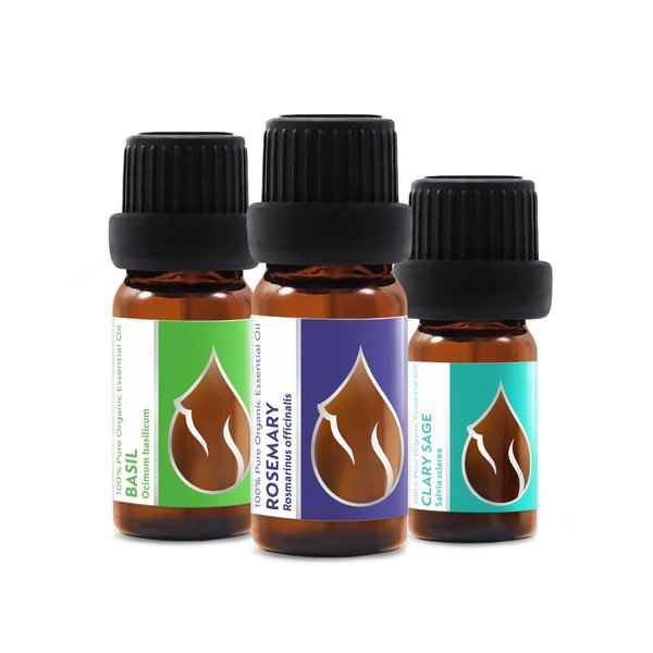 Set Hair Repair Organic Essential Oils | Basil (10ml) + Rosemary (10ml) + Clary Sage (5ml) | 100% Pure and Natural | Undiluted | Therapeutic Grade | Family-Owned Farm | Non-GMO | 3pcs