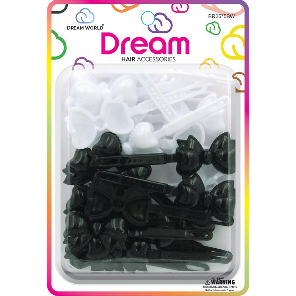 Dream World Self Hinge Barrette Ribbon Black & White Mix 24 Piece Pack BR2575BW