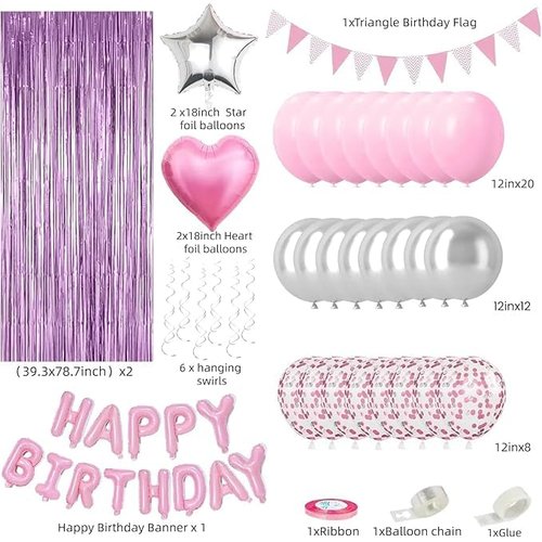 Pink Birthday Decorations for Women Girls, Happy Birthday Party Decorations, Pink Silver Balloons, Happy Birthday Banner, Pink Fringe Curtain, Pink Confetti Balloons for Birthday Party Supplies