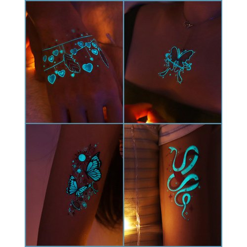 Onogola 20 Sheets Glow In The Dark Butterfly Temporary Tattoos for Women Girls, Luminous Flower Butterflies Wings Kids Fake Tattoo Stickers Art Makeup Waterproof for Face Body Arm Party Favors