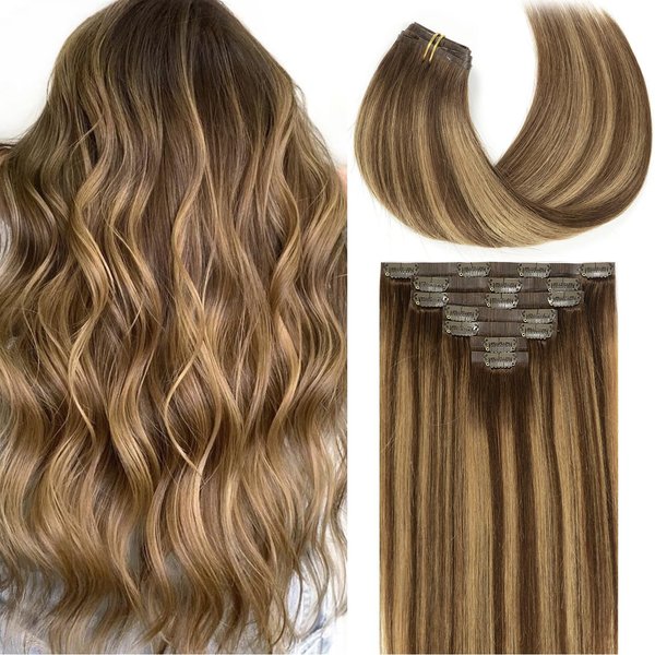 Loxxy Remy Human Hair Seamless Hair Extensions Clip in Balayage Chocolate Brown Mixed With Caramel Blonde Invisible PU Weft Real Clip in Hair Extension Thick Human Hair 110gram 7pcs 16inch R4-4/27