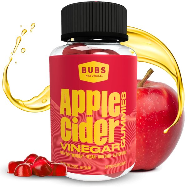 BUBS Naturals Apple Cider Vinegar Gummies - with The Mother - All Natural Vegan ACV Gummy Vitamins - Supports Detox, Digestion - Energy Booster with B Vitamins - 60 Count