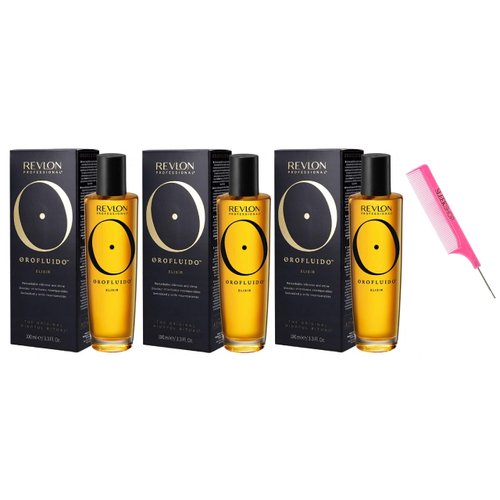 kuss Comb + OROFLUlDO Elixir Hair Oil, The ORIGINAL Mindful Ritual by RevIon, OrofIuido Shine Silkiness Hair Serum (w/Argan-Oil Infused PINK Comb) (3.38 oz / 100 ml (PACK OF 3))