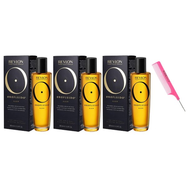 kuss Comb + OROFLUlDO Elixir Hair Oil, The ORIGINAL Mindful Ritual by RevIon, OrofIuido Shine Silkiness Hair Serum (w/Argan-Oil Infused PINK Comb) (3.38 oz / 100 ml (PACK OF 3))