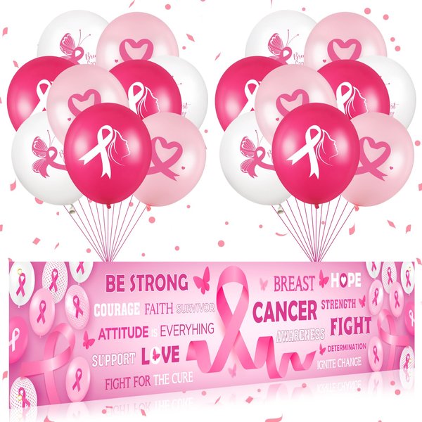 Breast Cancer Awareness Party Decorations Pink Breast Cancer Awareness Banner Yard Sign and 18 Pcs Breast Cancer Balloons for Pink Ribbon Breast Cancer Awareness Charity Party Supplies(Black Pink)