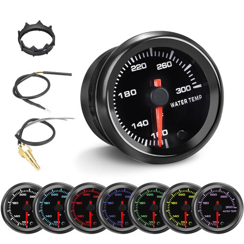 7 Color Water Temp Gauge, 100-300 F Water Coolant Temperature Gauge Kit 2-1/16" 52mm LED Backlight - Black Dial - Clear Lens - Monitoring and Displaying The Coolant Temperature in The Radiator System