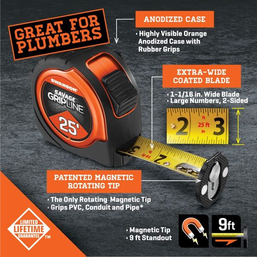 Swanson Tool SVGL25M1 25-Feet Magnetic Savage Grip Line Tape Measure