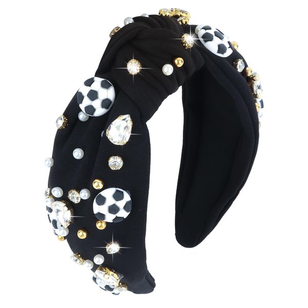 YARIEW Soccer Headband for Women Wide Knotted Jeweled Headband for Women Girls Top Knot Headband for Women Soccer Accessories Game Day Sports Fan Mom Halloween Christmas Gifts (Black)