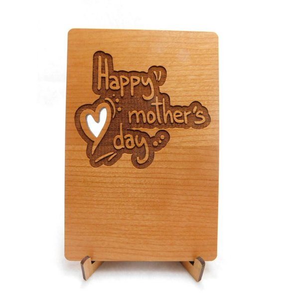 Laser Engraved Cut Mother's Day Heart Wood Card. Customize OnLine ((Custom Front & Back with Stand)