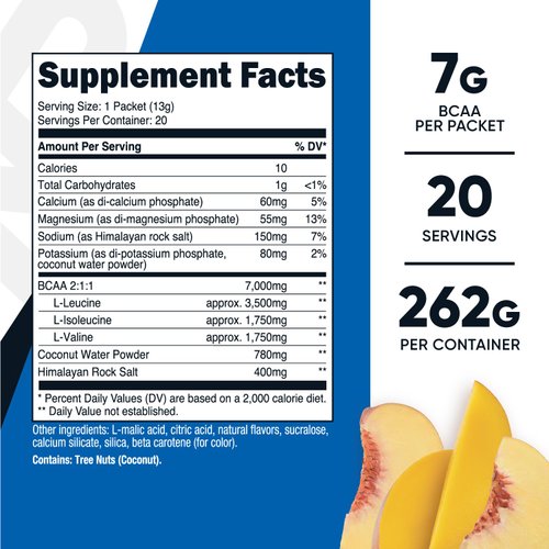 Nutricost BCAA+ Hydration Peach Mango Flavor (20 Stickpacks) - Branched Chain Amino Acids with Hydration Complex - Gluten-Free, Non-GMO