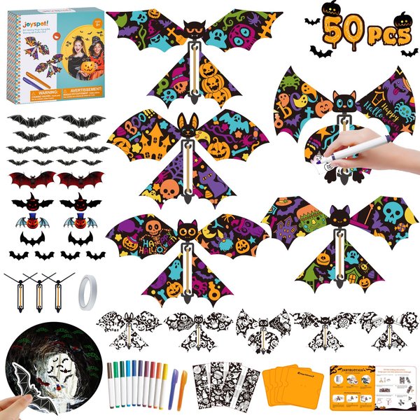 50PCS Kids Arts and Crafts Kit, DIY Painting Wind Up Bats Toy, Make Your Own Magic Flying Bats, 3D Bats Wall Decorations Scary Sticker, Surprise Prank Joke Rubber Band Toy, Home Window Door Deco