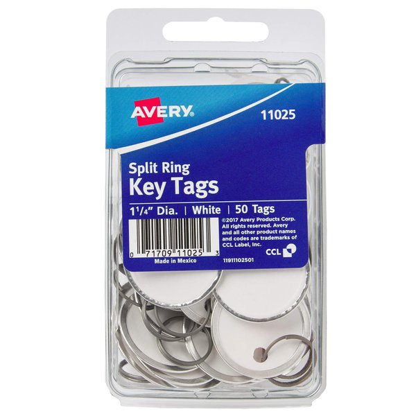 Avery Metal Rim Key Tags, 1.25" Diameter Tag, Metal Split Ring, White, 50 Tags (11025)